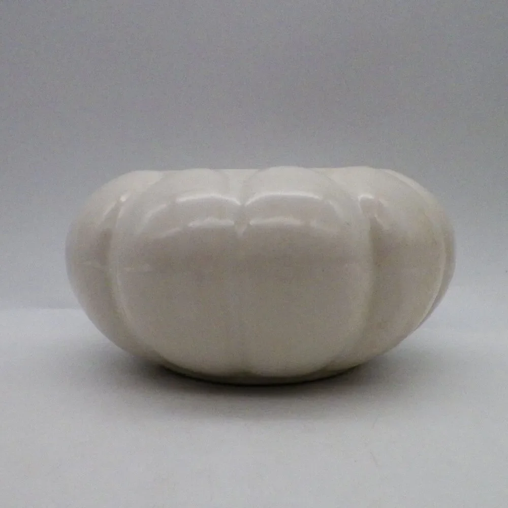 Mid Century Modern Ribbed Melon Planter White Glazed Ceramic Vintage